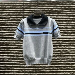 Miu Miu Gray Sweater with Black Collar and Light Blue Stripes